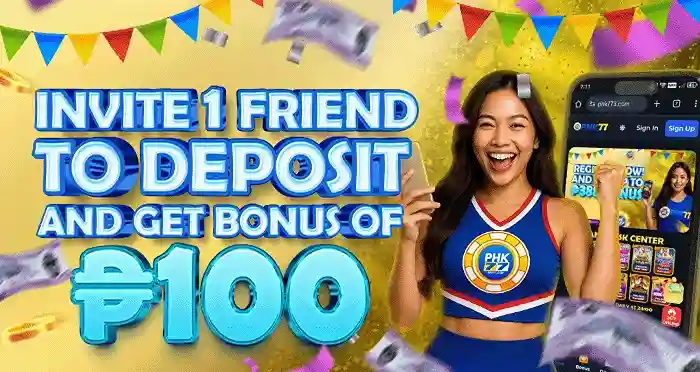PHK77 invite a friend to deposit promotion with login, register, games, download, app, casino, and online casino features